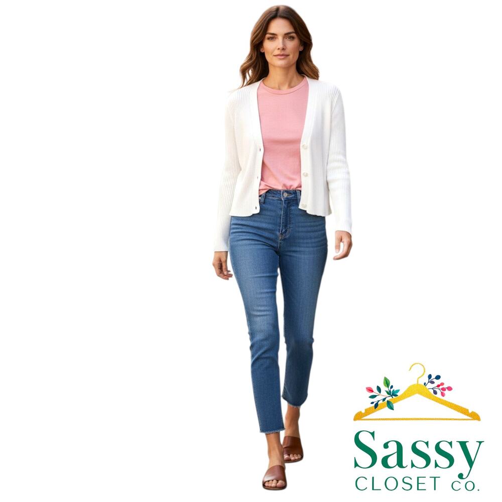 Cabi Snapshot Cardigan M White Cropped Ribbed Knit Snap V Neck Sweater 6173